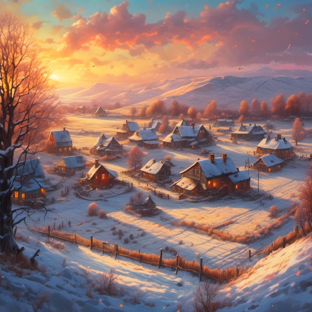 Winter Sunset Over Farmland: Hyperrealistic Painting