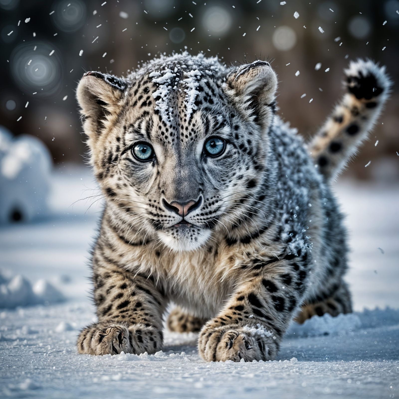 Hyperrealistic Snow Leopard Cub on Ice