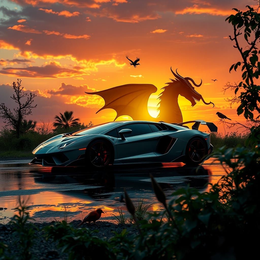 Mystical Supercar Silhouette at Sunset