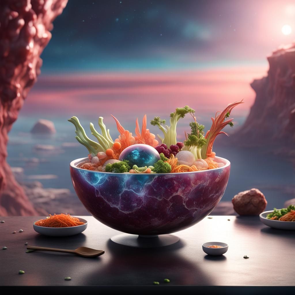 a poke bowl served in an otherworldly setting, such as an alien planet, where the ingredients take on a surreal twist