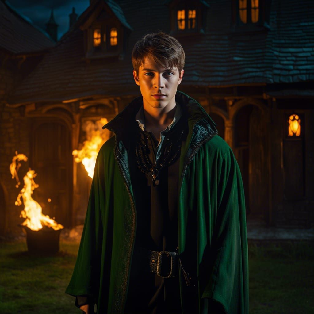 Teen Warlock Summons Fire Magic in Oil Painting