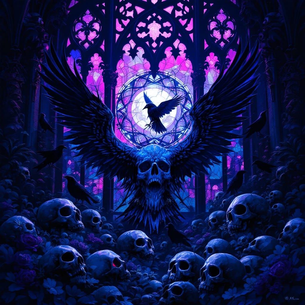 Gothic Ravens and Skulls in Stained Glass