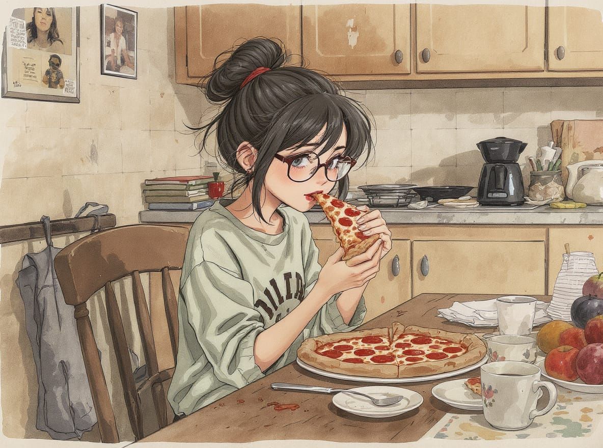Cozy Kitchen Scene: Girl Eating Pizza Illustration