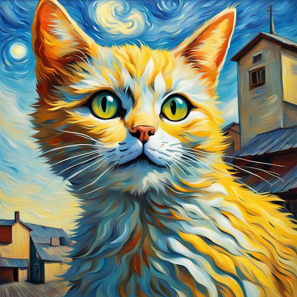Kemono Cat Girl in Van Gogh Oil Painting