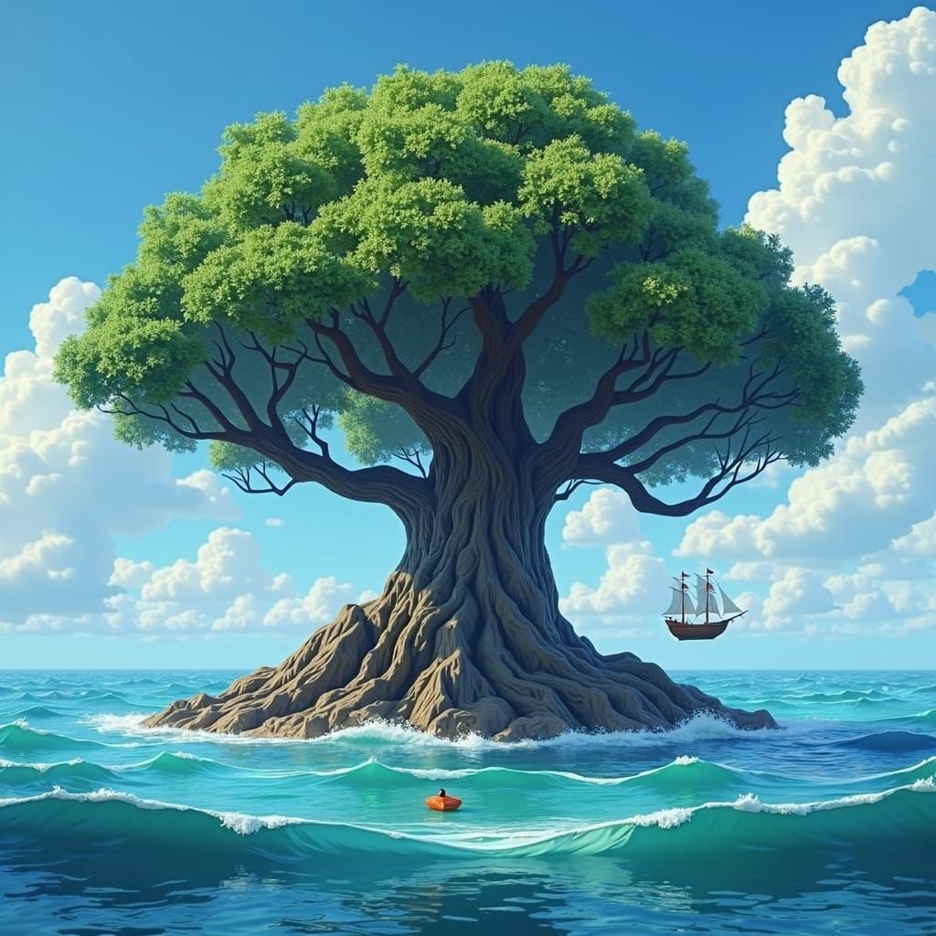 Ocean Fig Tree Scene as Origami Paper Folds