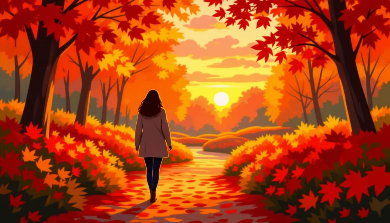 Serene Woman in Autumnal Maple Garden as Impressionist Art