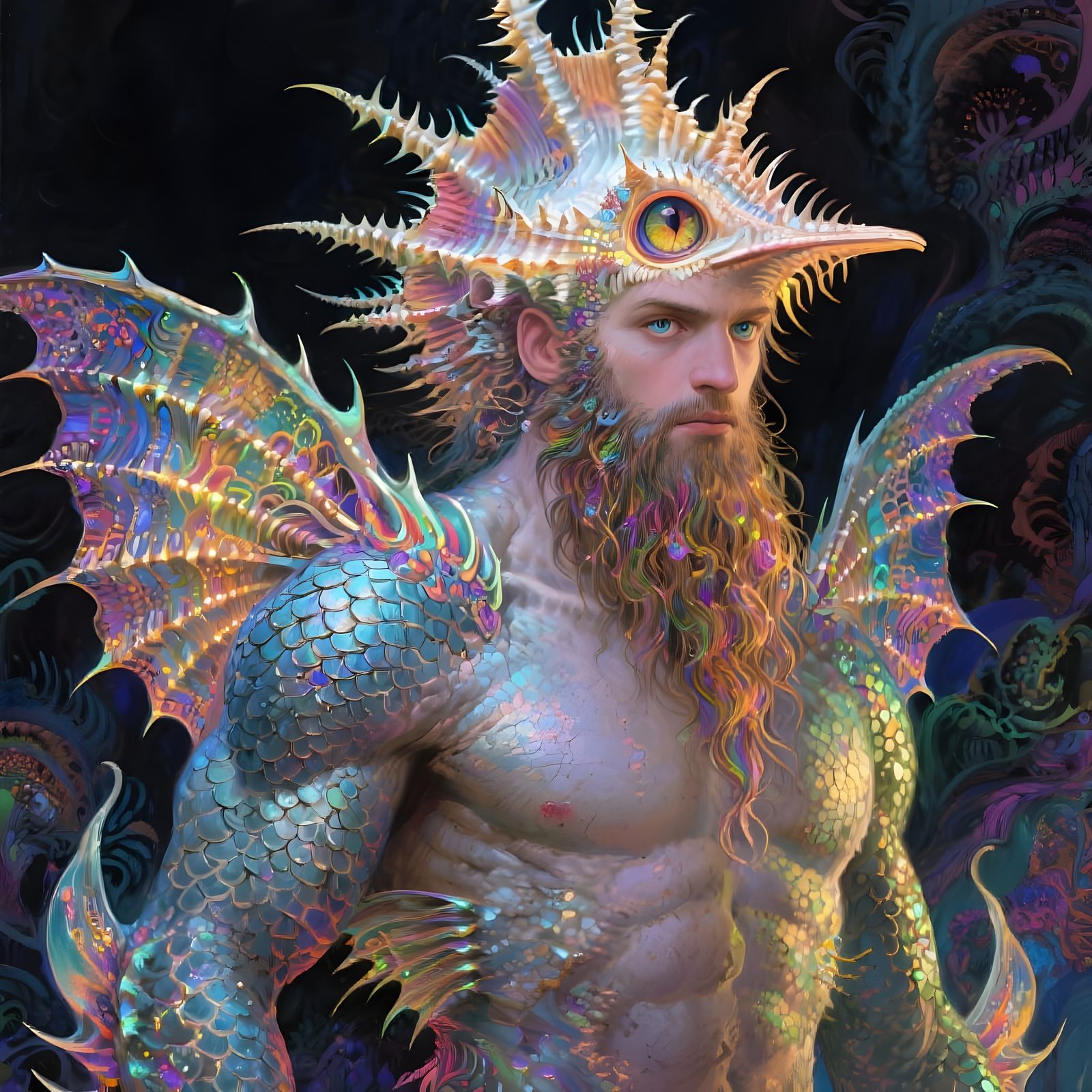 Merman With Glowing Filament Fins and Triadic Colors