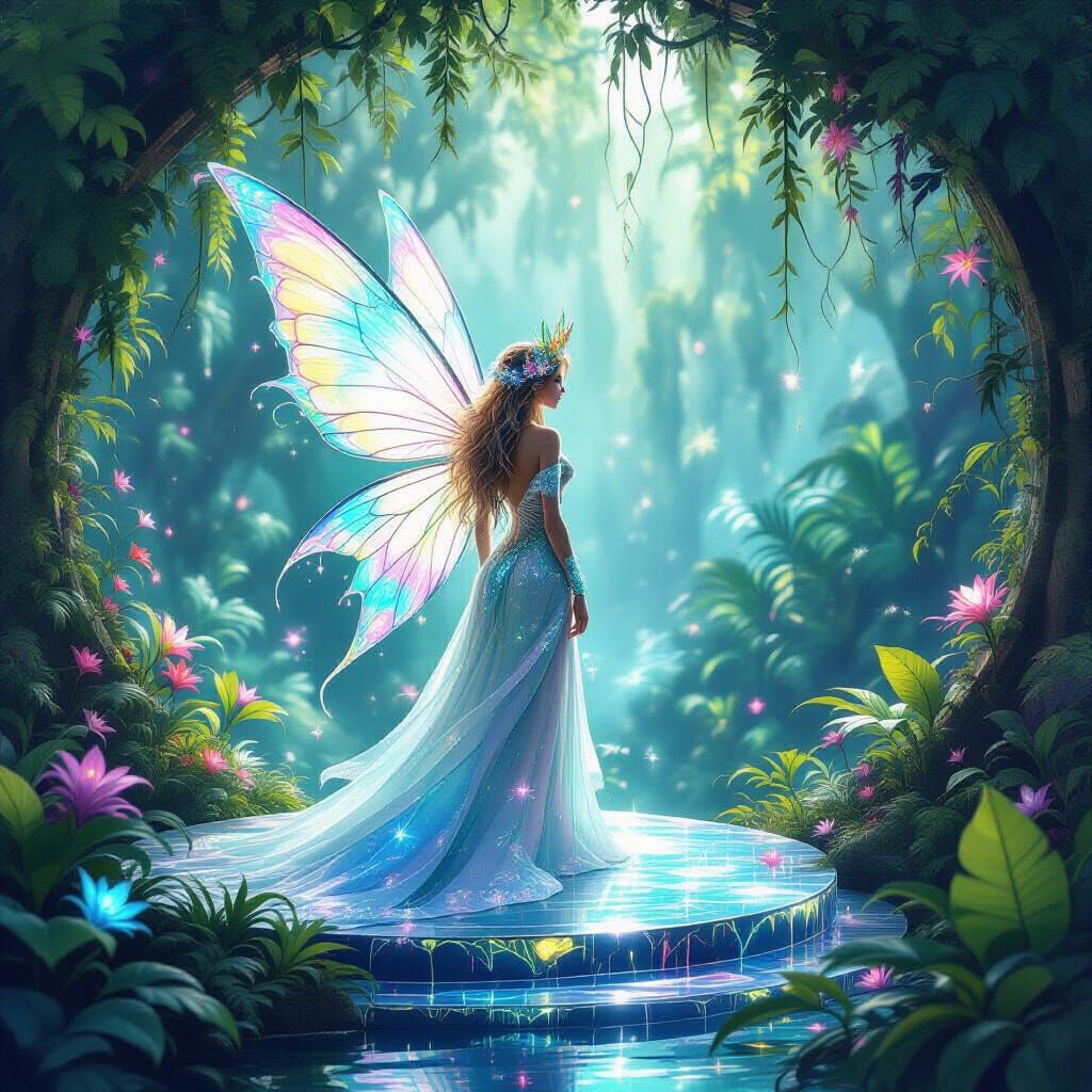 Fairy Queen in Bioluminescent Jungle, Wet Watercolor Style