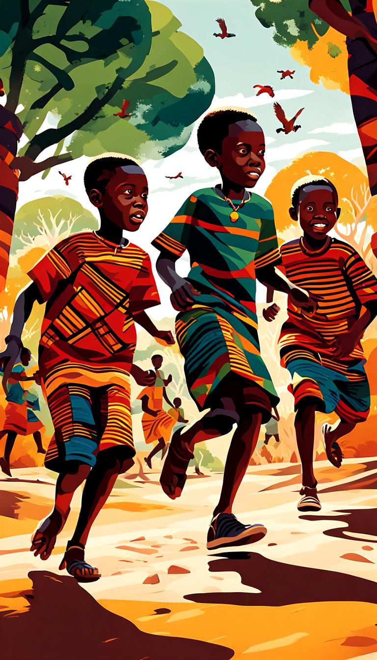 African Village: Children Playing Tag in Lucas Style