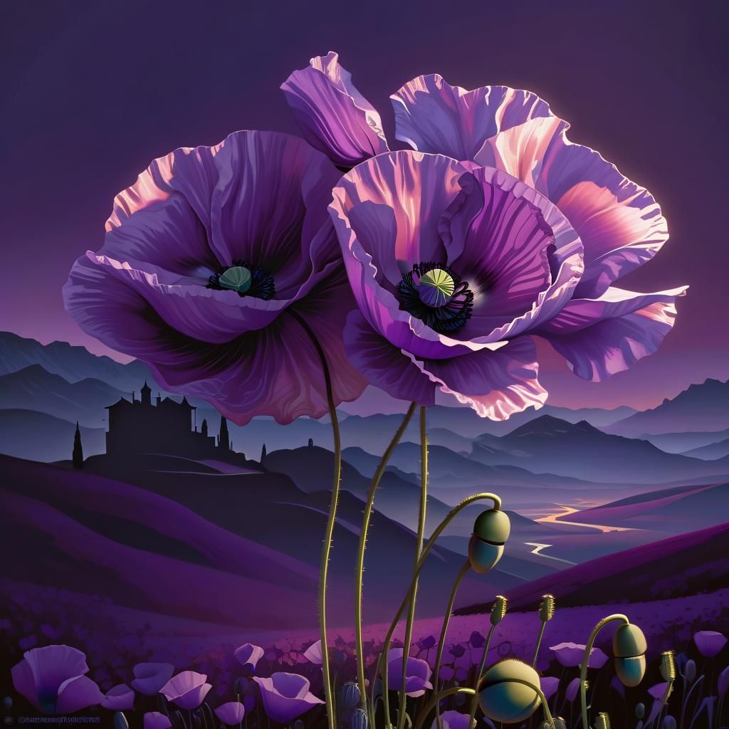Purple Poppy Landscape in Art Nouveau Rococo Style