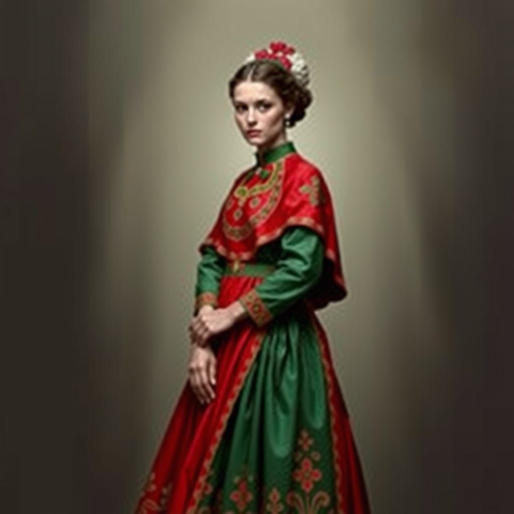 Woman in Red and Green Dress, Arts and Crafts Portrait