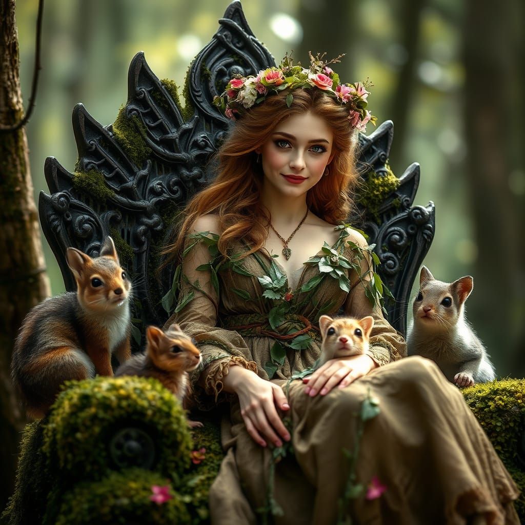 Forest Princess on Moss Throne in Fairytale Style