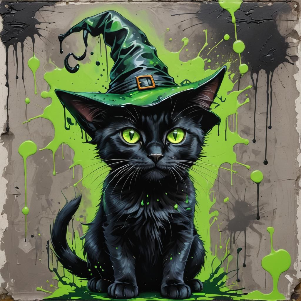 Black Cat in Witch Hat: Graffiti Art Style