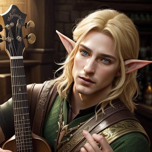 Half-Elf Bard Portrait in a Tavern, Digital Art