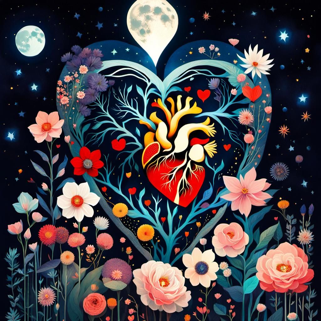 Surreal Heart Collage with Flowers and Night Sky
