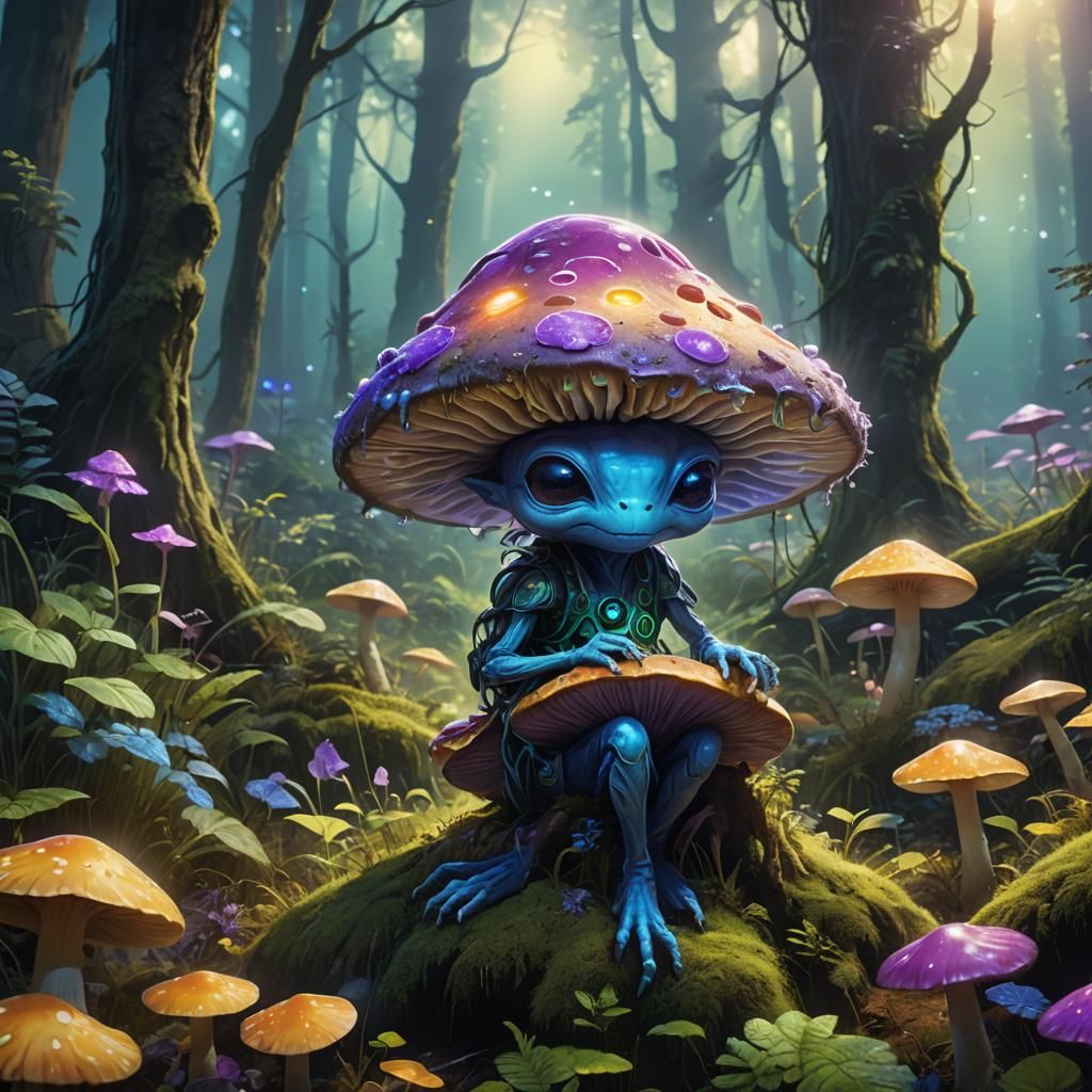 Cute Alien on Glowing Mushroom in Fantasy Forest
