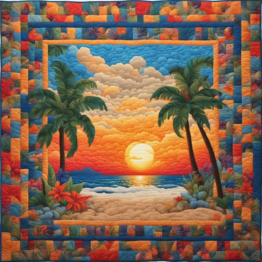 Tropical Beach Sunset: Intricate Quilt Art