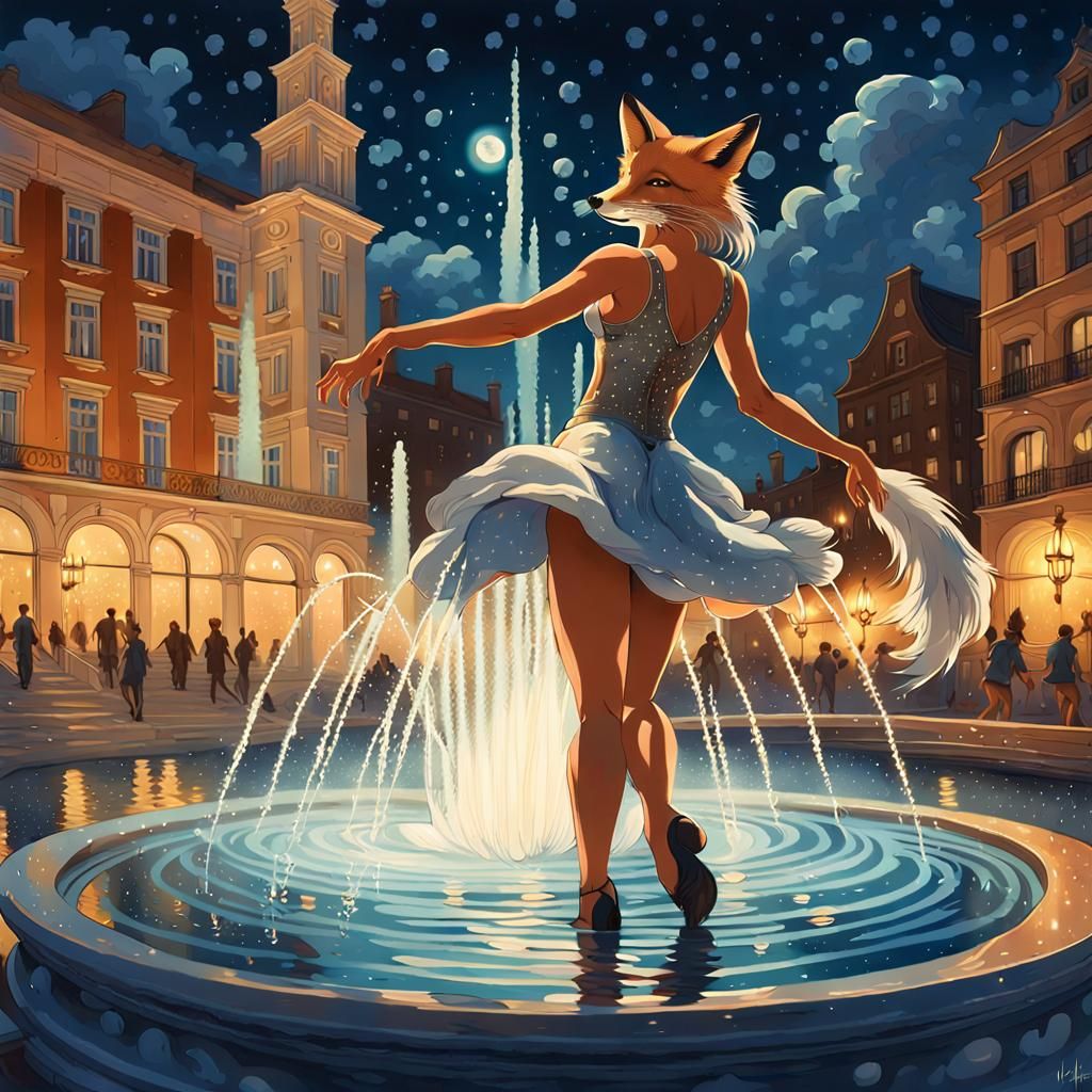 Pin-Up Girl Dancing Under Moonlit Fountain