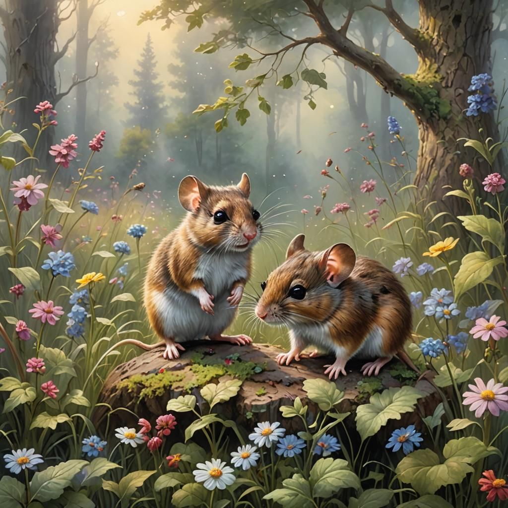 Cute Mice Playing in Wildflower Meadow