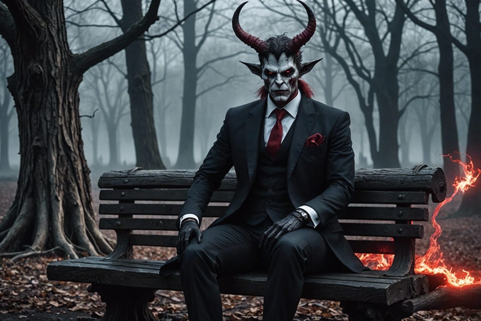 Anime Demon with Crimson Horns in Dark Park