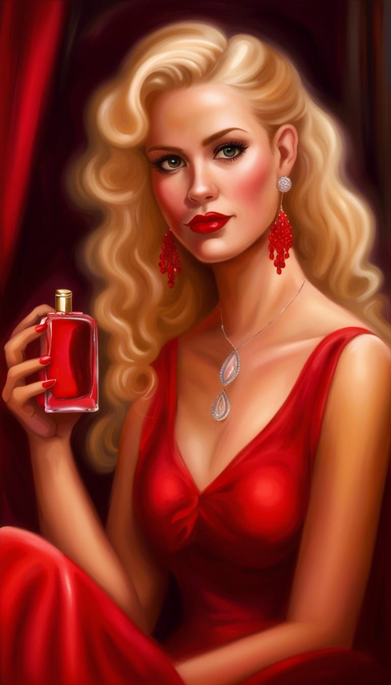 Christine, Tall, Blonde, Beautiful Eyes, Beautiful Skin, Rosy Cheeks, Eye Shadow, Long Red Dress, Red High Heels, And Re...