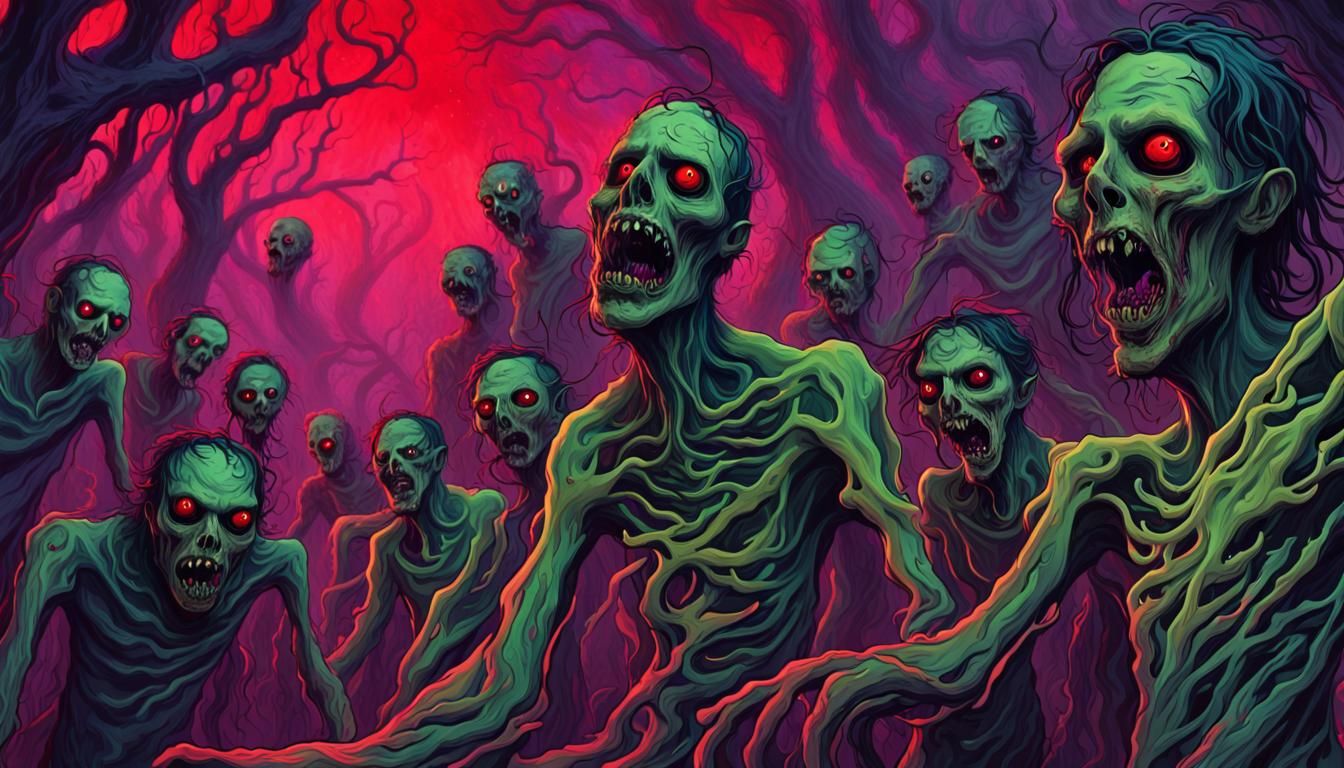Surreal Psychedelic Horror Art: Undead Horde in Nocturnal Ch...