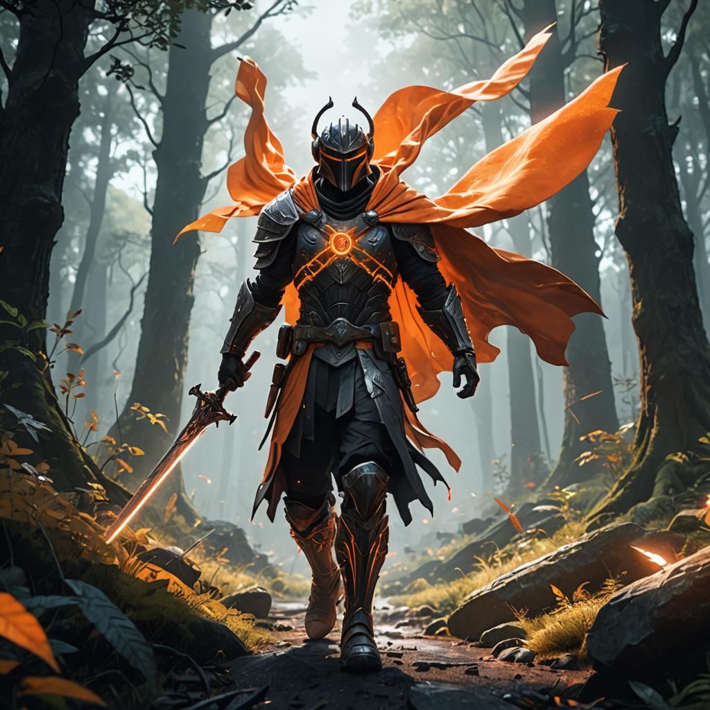 Neon Warrior with Sword in Dreamy Forest