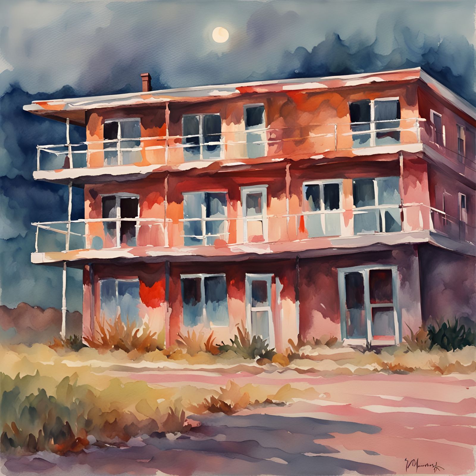 Creepy Motel in Gouache and Watercolor Style
