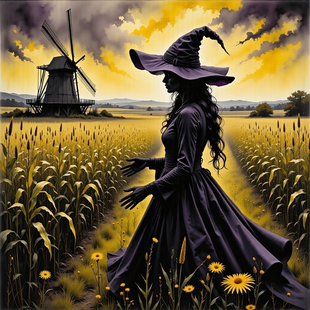 Witch in a Cornfield with Windmill Background