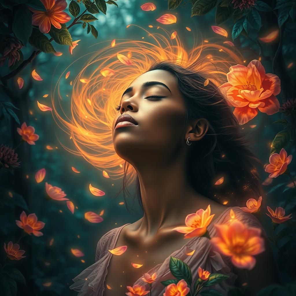 Ethereal Woman in Mystical Forest, Art Nouveau