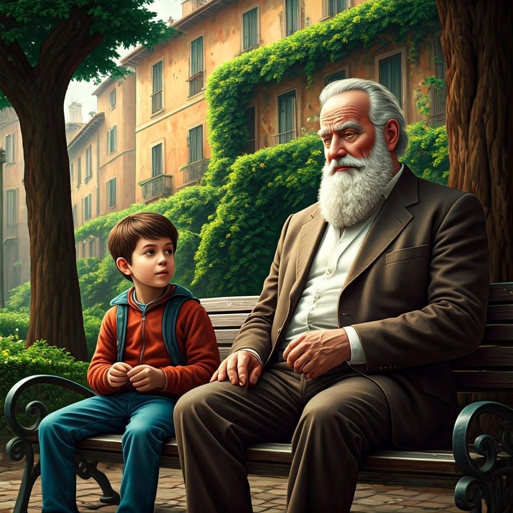 Boy Listens to Grandpa's Story in Italian Park