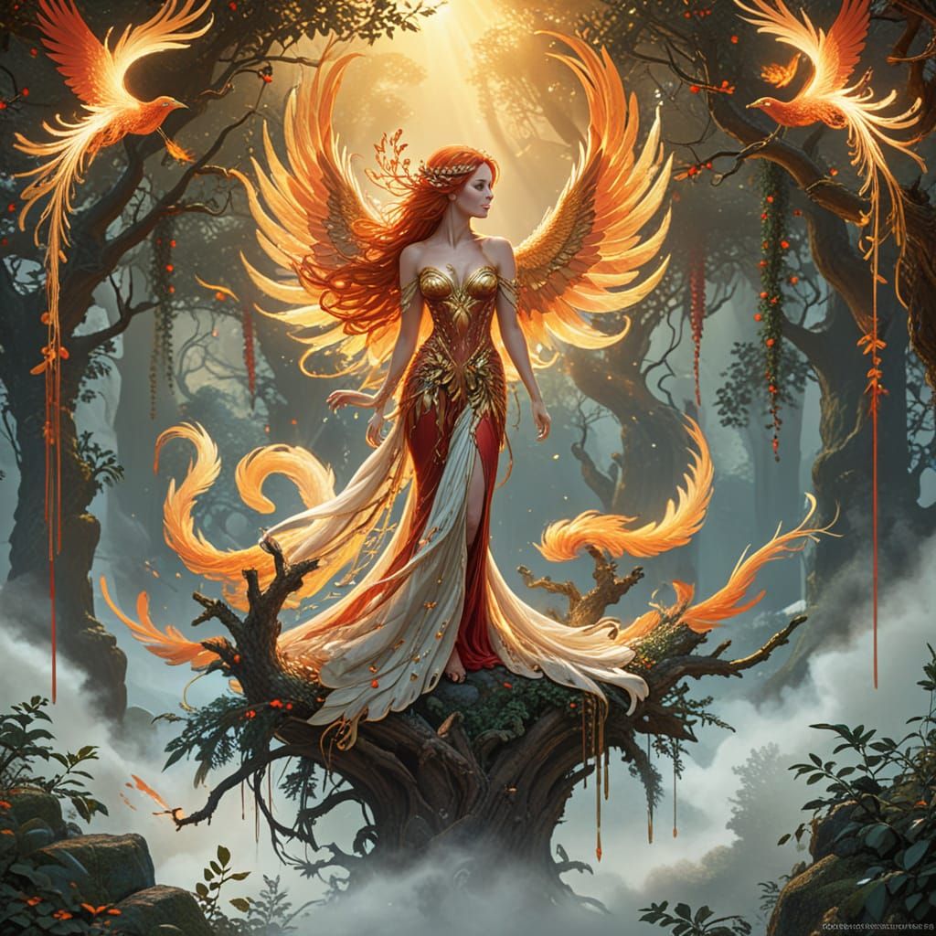 Woman and Phoenix in Enchanted Forest - Digital Painting