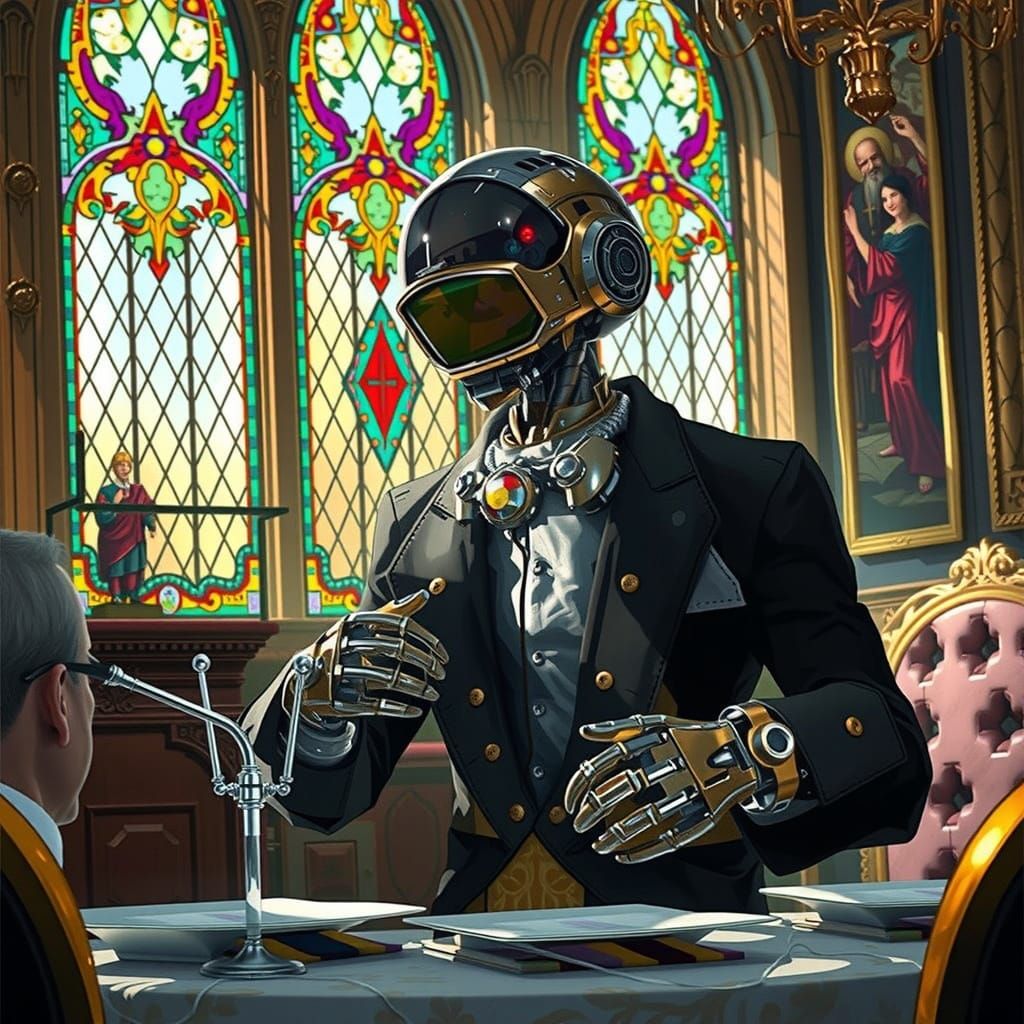 Robot Priest Celebrates in Gothic Church