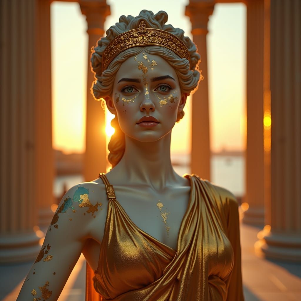 Greek Goddess in Temple at Sunset