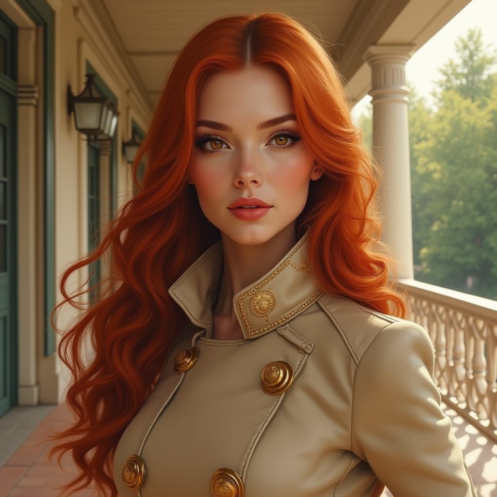 Elegant Lady in Beige Coat with Red Hair