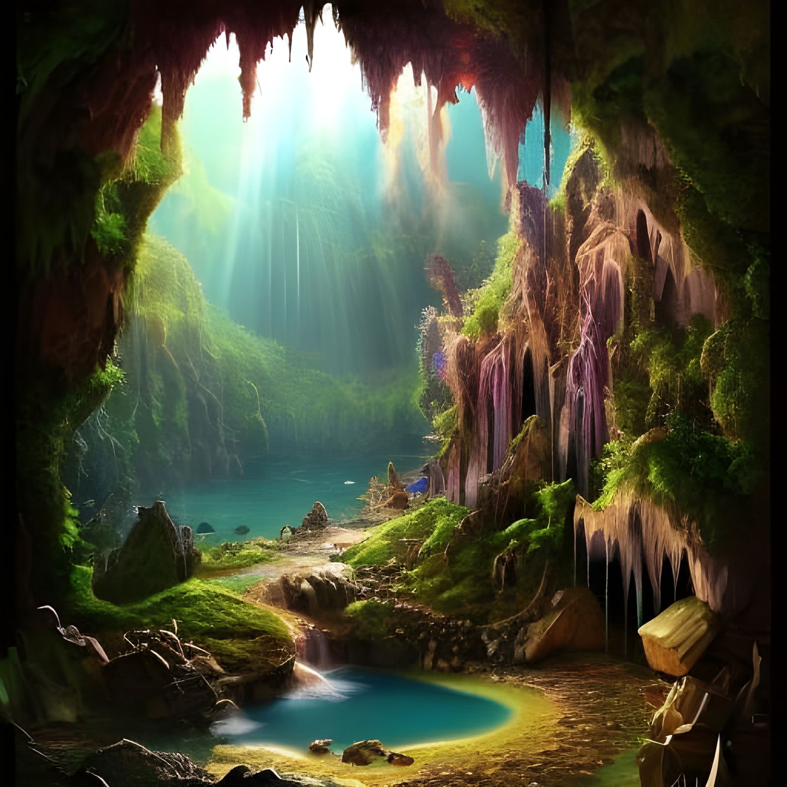 Fantasy Waterfall Cave with Sparkling Geodes