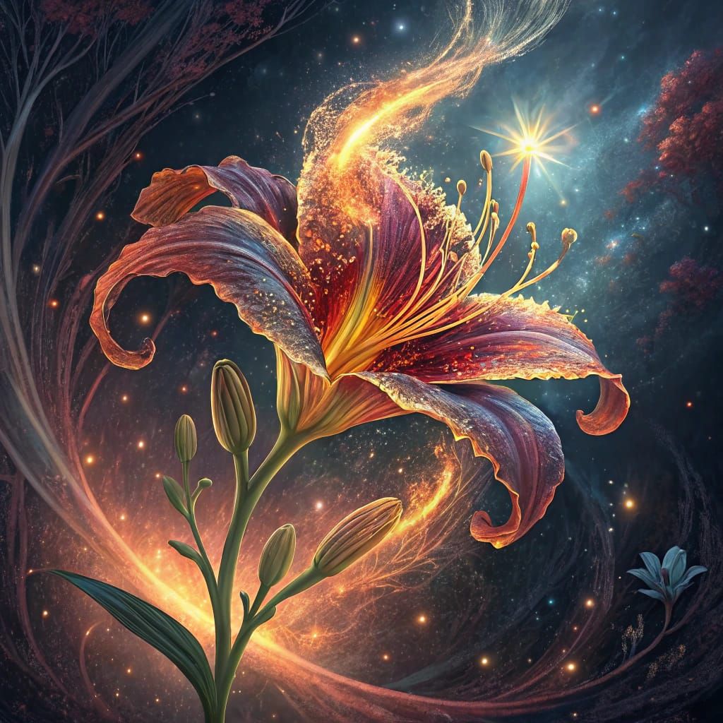 Ember Veil Daylily in Holographic Cosmic Illustration