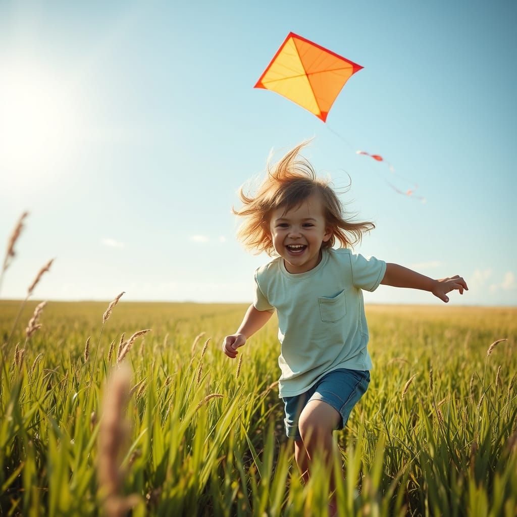Child Runs Through Endless Field with Soaring Kite in Midday...