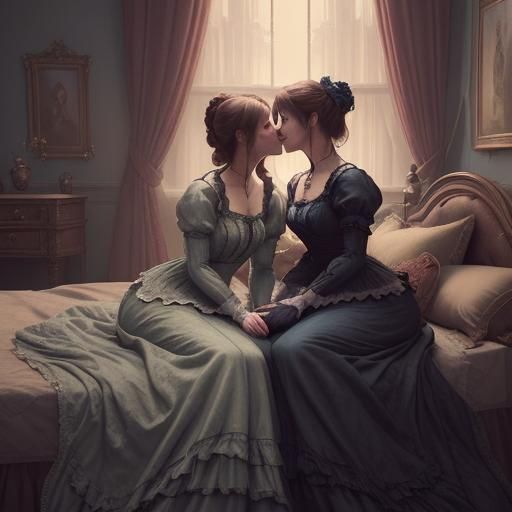 Victorian women kissing in a bed