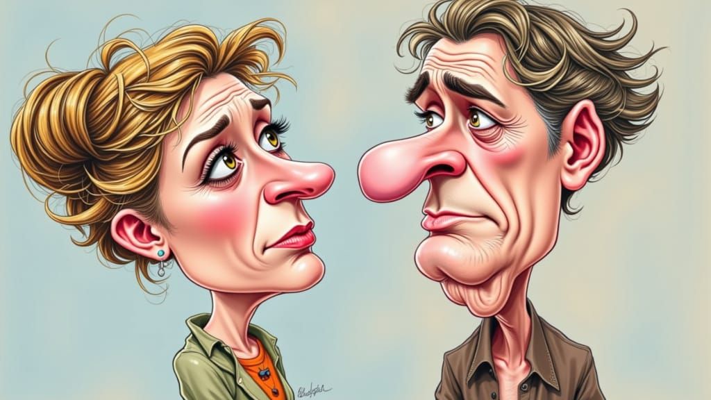 Humorous Caricature of Mother and Child