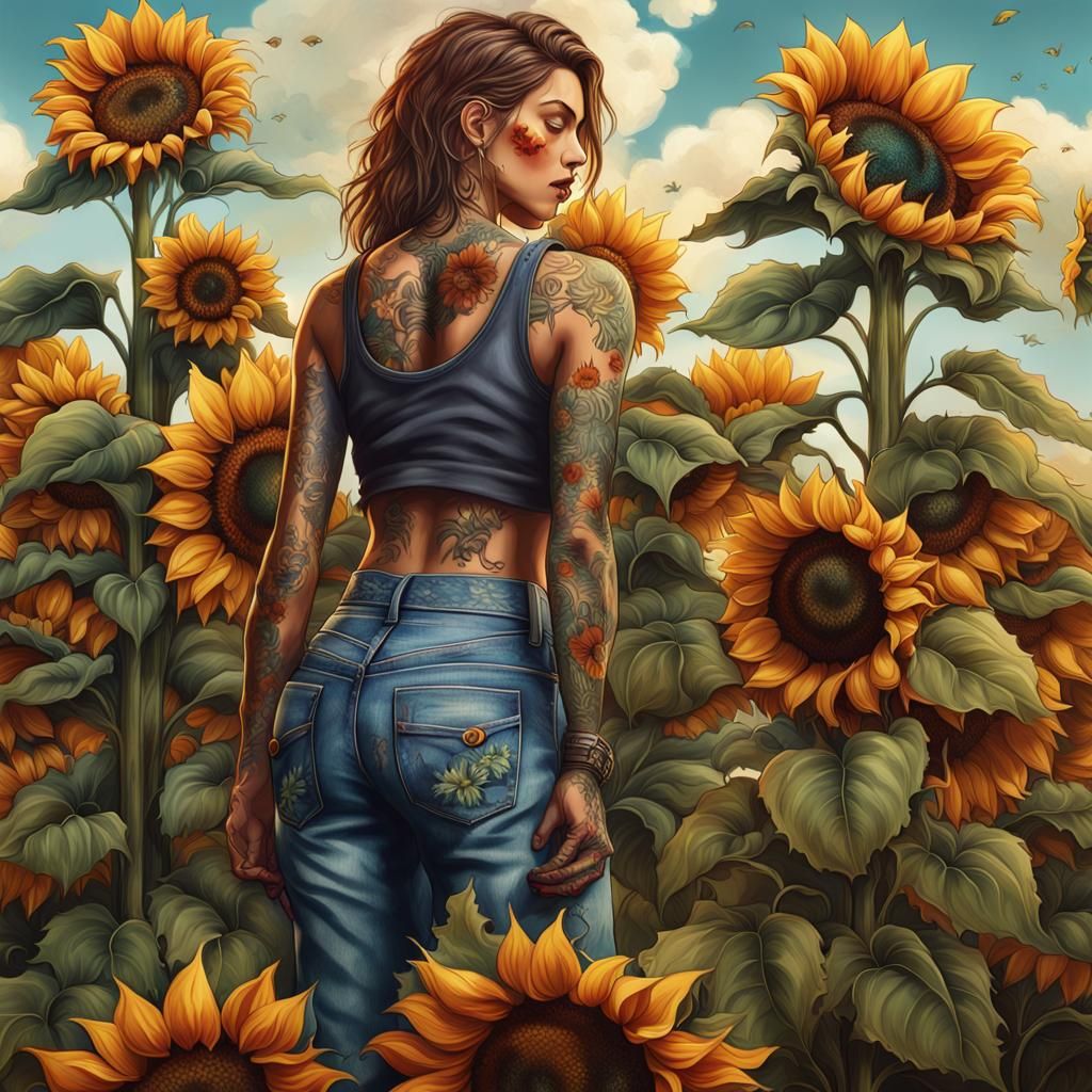Tattooed Woman with Sunflowers in Clipart Style