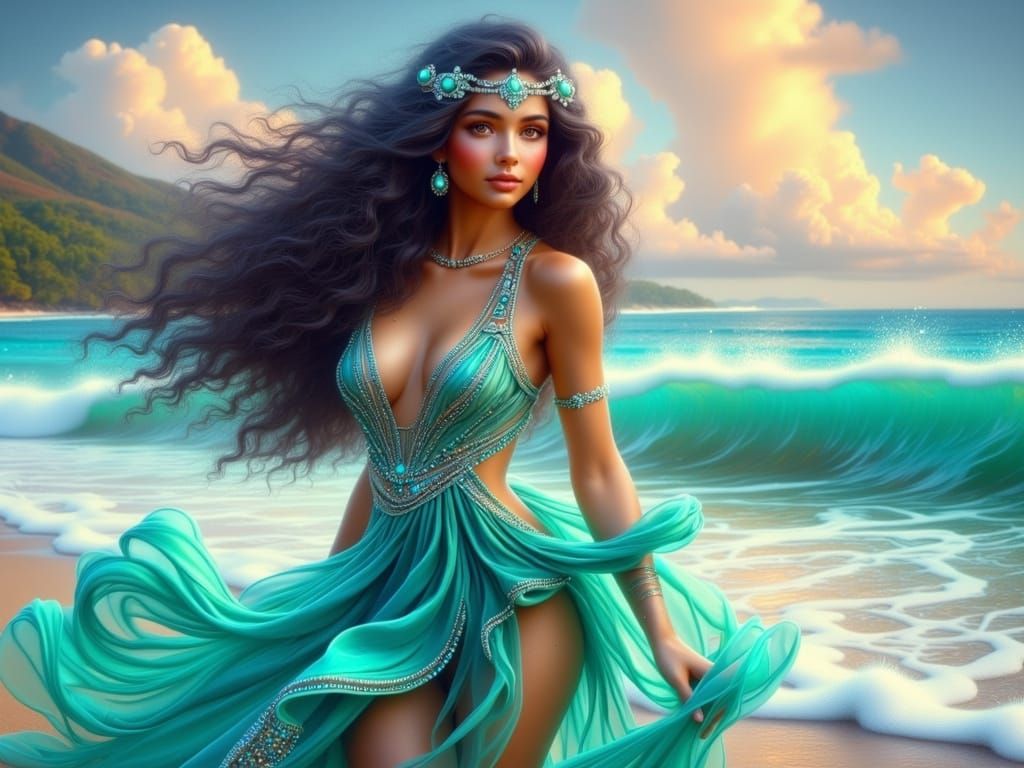 Hawaiian Woman in Turquoise Gown: Fantasy Realism Portrait