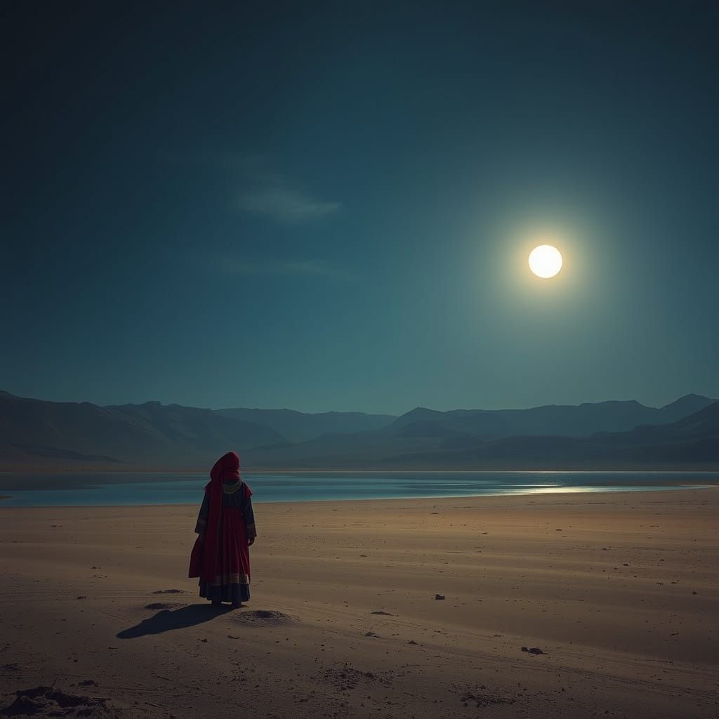 Mongolian Figure Under Moonlight, Dreamy Landscape