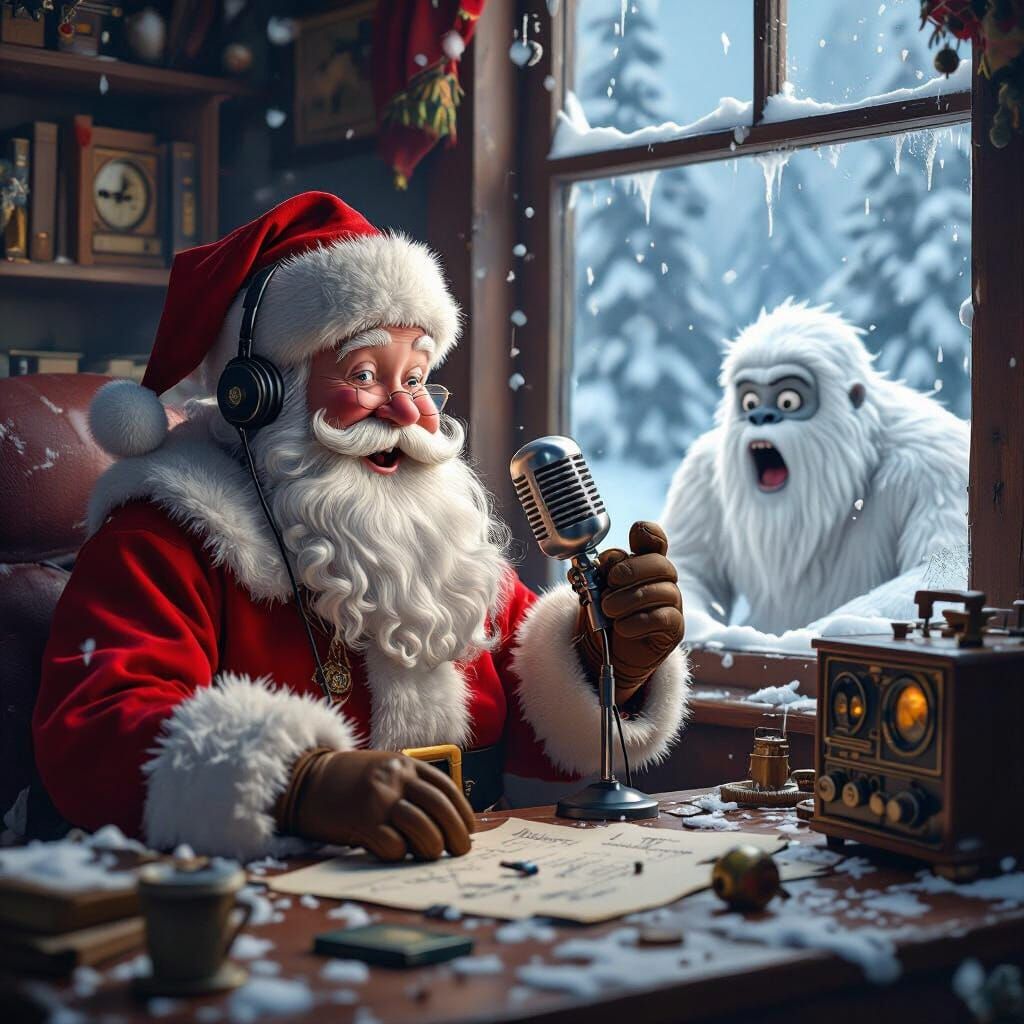 Santa Claus at Radio Desk with Yeti Outside Window