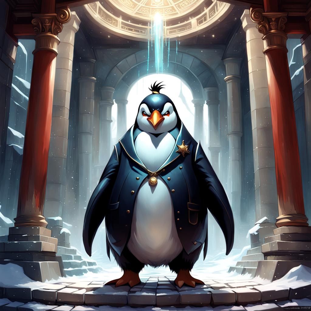 Penguin God in Temple: Fantastic Digital Art