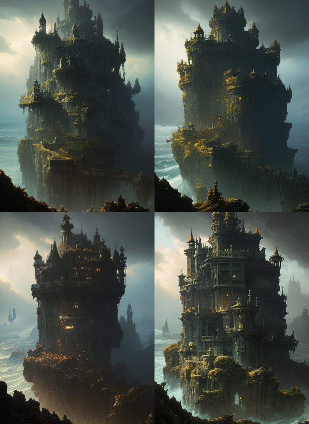 Stormy Sea Fortress: Dark Fantasy Watercolor Art