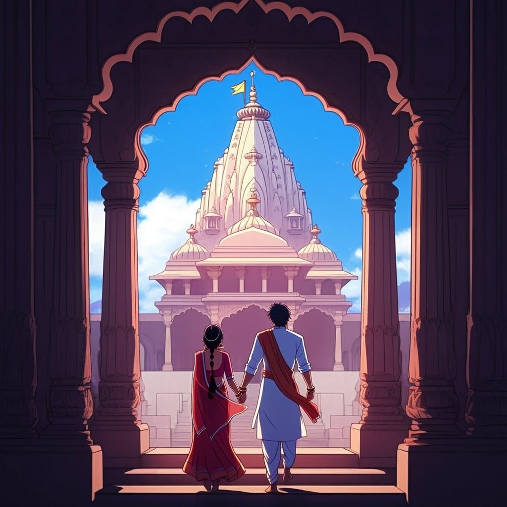 Indian Anime Couple at Beautiful Temple