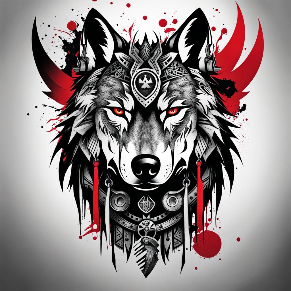 Tribal Wolf Tattoo Design in Trash Polka Style