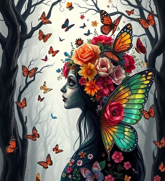 Medium shot of a beautiful woman wearing colorful Día de los...