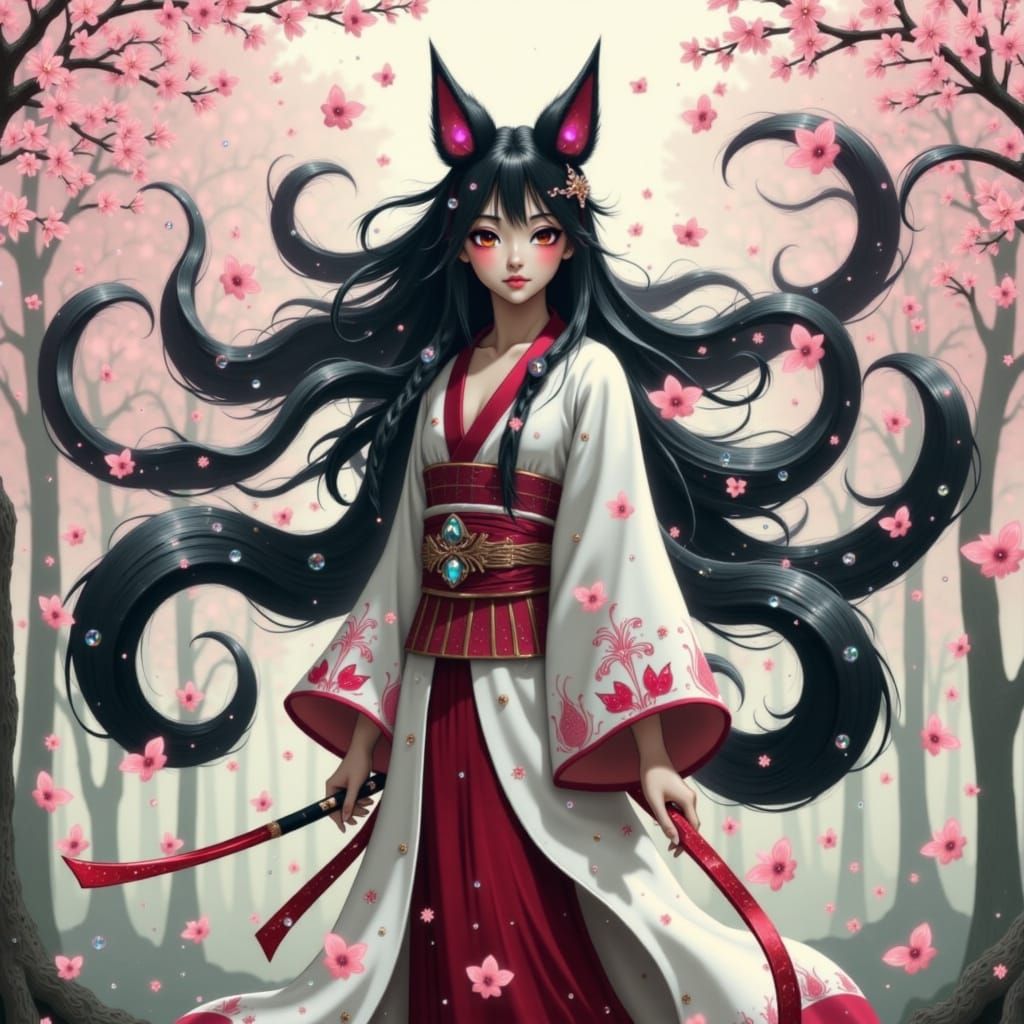 Kitsune in Cherry Blossom Forest, Cinematic Concept Art
